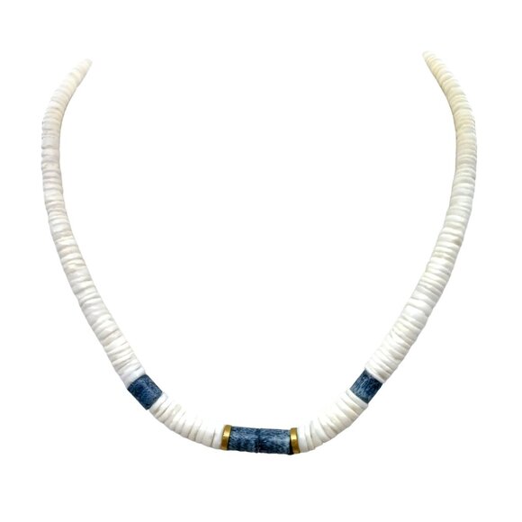 Retro Seashell Heishi Choker with Dyed Blue Coral Accent Tube Beads, Vintage - Picture 1 of 3